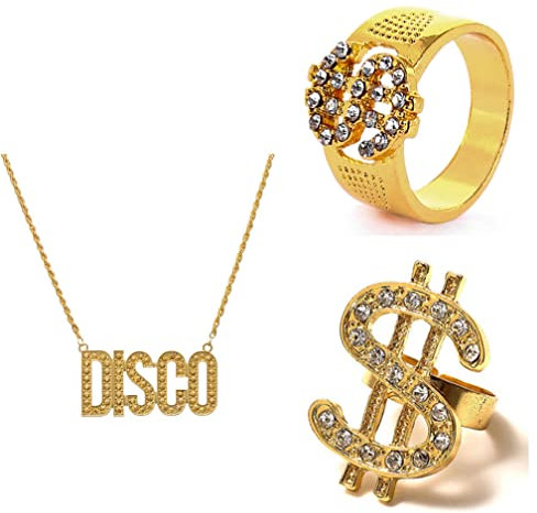 Guoguonb 3PCS Hip Hop Punk Stil Legierung Halskette und Ringe US Dollar und Disco Anhänger Vergoldete Kette Dollarzeichen Ring für Rap Sänger Trendparty Karneval Fasching Party