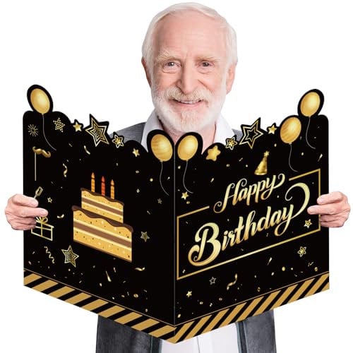 Geburtstagskarte Groß 63x40cm, Happy Birthday Schwarze Gold Gästebuch Karte Geburtstag, Geburtstagskarten Männer Frauen, Gästebuch Karten Danke Geschenke, Grußkarten Geburtstagsdeko