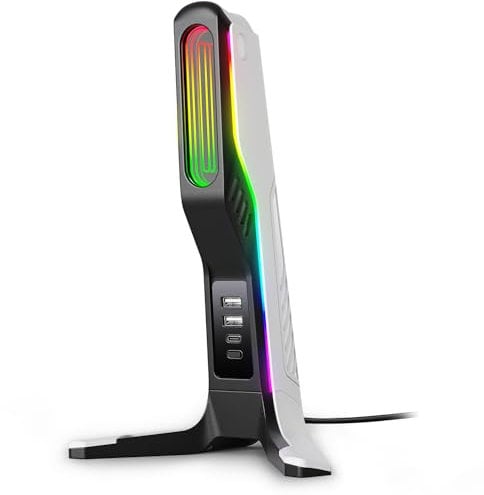 IFYOO RGB Gaming Headset Stand with 2 USB and 1 Type-C Ports, Game Headphone Mount for PC Computer, Xbox One, Xbox Series S/X, PS5, PS4, Earphone Holder Hanger, Desk Gamer Accessories, Black&White