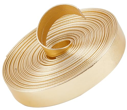 GORGECRAFT 5m X 12mm Metallisches Flaches Lederband Goldfarbene Glänzende PU-Lederstreifen Glänzendes Leder Spitzenabstreifer Perlenschnur Band Basteln Doppelseitiges Lederzubehör Kunstschnur