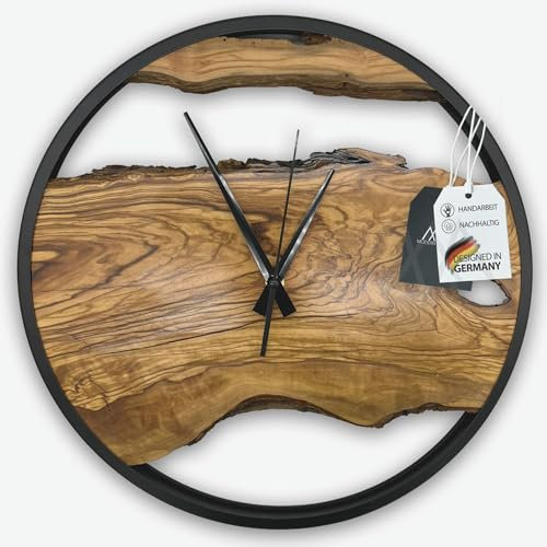 MODERNMOMENTS ® Wanduhr Holz ohne Tickgeräusche Handarbeit rustikal Olivenholz Holz Wanduhren modern Baumkante Holzuhr Wohnzimmeruhr Uhr Wand Massivholz Naturholz Clock Deko