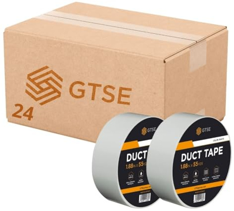 GTSE 24 Rolls White Duct Tape, 48mm x 50m, 2” Waterproof Strong Adhesive Gaffer Tape for Patching, Sealing, Securing Cables and Labelling, Heavy Duty