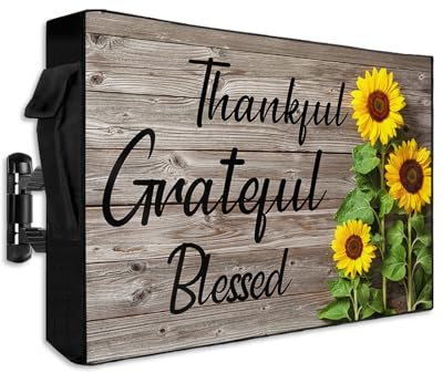 Rustic Wood Plank Outdoor TV Cover Fit TV Size 60-65, Weatherproof and Waterproof TV Oxford Cloths Cover for Outside, Blooming Sunflower Primitive Country TV Enclosure/TV Display Protectors