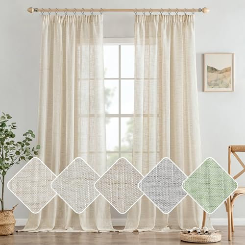 Woaboy Gardinen Leinen Vorhänge mit Kräuselband Halbtransparent Wohnzimmer Schlaufengardinen Schlafzimmer Fensterschal Modern Gardine Stores 2er Set 140x225cm (BxH) Weiß Beige