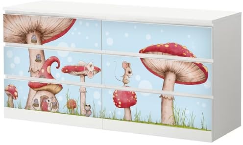 Sunnywall® Möbelfolie passend für IKEA Malm Kommode Schrankfolie Aufkleber mit Mäuse mit Pilzen Motiv | blasenfrei verkleben | Kinderzimmer 6er 160 cm