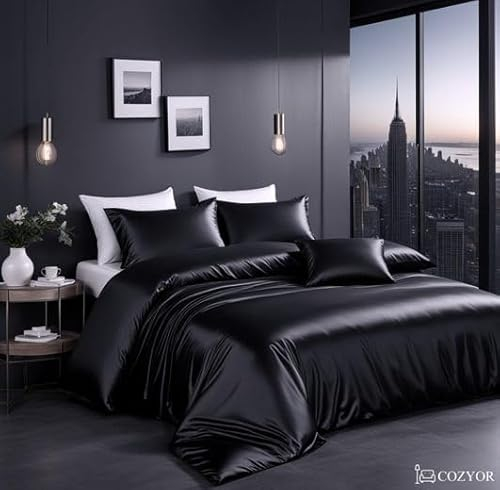 Cozyor Satin Bettwäsche 200x200 extra dick und weich mit robustem Reißverschluss 2X Kissenbezug 40x80 cm, edles Satin 3-teilig, schwarz Eclipse