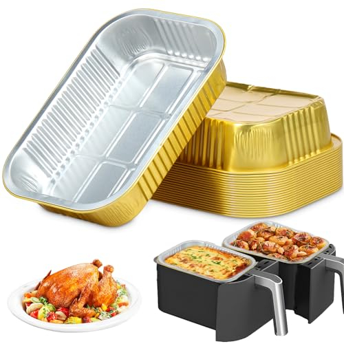 20 vassoi in alluminio con coperchi, contenitori per uso alimentare da 22 x 15 cm, teglie antiaderenti da 1050 ml, portatili per friggitrice ad aria a doppio cestello, cottura in forno