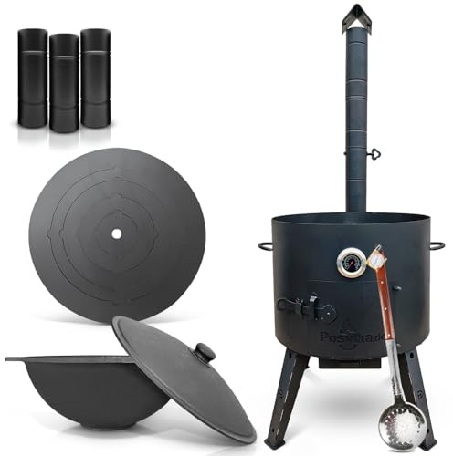 Utschak Uchag Feuerofen Ø 49 cm 2 mm Stahl Herdplatte 4mm Kazan 22 L flacher Boden mit Thermometer Schaumlöffel 64 cm (Set F22-5)