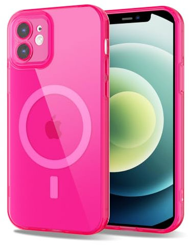 Svanove für iPhone 12 Hülle Magsafe Durchsichtig mit Kameraschutz, Dünn Transparent Bunt Handyhülle Magnetisch Induktives Laden, Einfarbig Klar Weich Slim Silikon Handy Hülle Mädchen, Neon Pink Rosa
