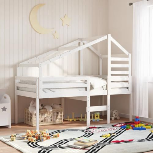 vidaXL Hochbett, Kinderbett mit Dach Leiter Sperrholzlatten, Spielbett für Kinderzimmer, Bett Holzbett Einzelbett, Weiß 90x190cm Massivholz Kiefer