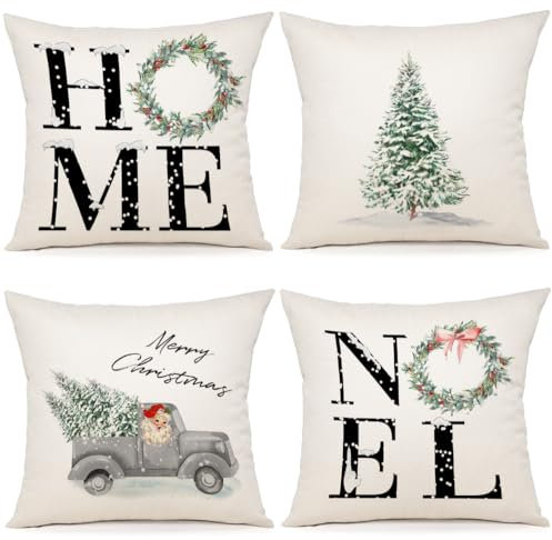 YCOLL Kissenbezug 40x40 4er set Kissenbezug Weihnachten Kissenbezüge Dekokissen Leinen Kissenhüllen für Deko Weihnachten Sofa Schlafzimmer Couch 40x40 cm