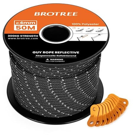 BROTREE Tent Guy Rope 4mm 50m Reflective Guy Line Heavy Duty Guide Rope with 10Pcs Aluminum Tensioners for Tent Gazebo Awning Camping (Black)
