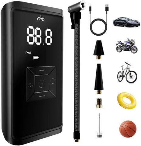 Elektrische Luftpumpe Fahrrad Akku Kompressor,Elektrische Fahrradpumpe,6000mAh Autostop Funktion, LED,Als über USB C wiederaufladbar,Akku Luftpumpe für Auto,Motorrad,Roller,Fahrrad,Bälle