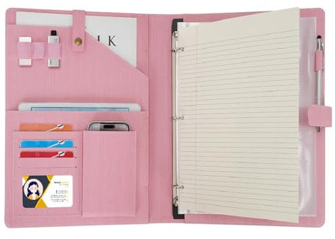 Wonderpool Porte-documents en Cuir A4 Padfolio Anneaux Planchettes à pince Classeur Ramovible avec Portebloc Notes et Organiseur Multi-poches pour Bureau Conférence Réunion et Travail (Rose)