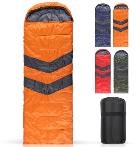 Trimming Shop 4 Season Waterproof Sleeping Bag for Single 6ft Adult - Double Sided Zip, Lightweight Backpacking Sleeping Bag - for Camping, Hiking, Outdoor, Travel, Hunting, Orange