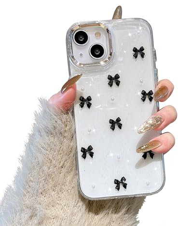 EYZUTAK Case for iPhone 14 Plus, Bling Glitter 3D Bowknot Phone Case Cute Sparkly Crystal Clear Bow Aesthetic Design Case Slim Soft Durable TPU Transparent Protective Cover for Women Girl - Black Bow