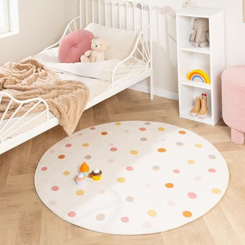 Little Olly Waschbarer Kinderteppich Rund - Evi Confetti Bunt - Punkte - Kinderzimmer, Babyzimmer - Jungen - Mädchen - Carpet