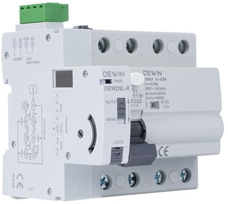 DEWIN Interruttore Differenziale a Riarmo Automatico 63A 30mA Salvavita con Riarmo Automatico DEWD9L-R RCCB Differenziale Riarmo Automatico 4P AC 400V