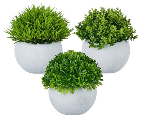 Relaxdays Kunstpflanzen, 3er Set, künstliche Pflanzen im Topf, Kunststoff, Stein, Tischdeko, Gras, Buchsbaum, grün/grau, Design A
