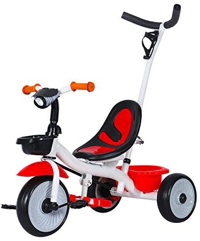 Aufgerüstetes Baby-Dreirad, Kinderwägen und Kinderfahrräder 2 in1, Laufräder Kinderfahrrad Mit Korb und Becherhalter (Weiß+Rot-YR301494)