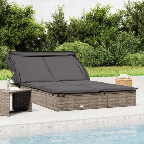 IKAYAA Doppelliege Outdoor 2 Personen Doppel Gartenliege mit Sonnendach Rattan Sonnenliege Sonnenbett Loungebett Gartenbett mit Auflage Liege Outdoor Rattanliege Liegestuhl Garten Grau