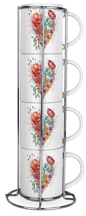 Purely Home Floral Heart Stacking Mugs Set - Flower Presents for Her - Set of 4 Ceramic Mugs Gift Set with Metal Stand