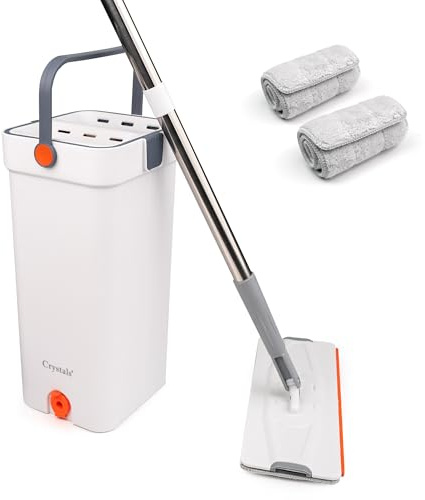 Crystal Flat - Juego de fregona y cubo con escurridor, sistema de limpieza de suelos manos libres con 2 almohadillas de microfibra, absorción ultrafina, fuerte descontaminación, para madera dura