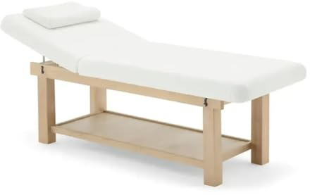 Malys Equipements – Table de massage SAVANE en bois clair | largeur 75 cm, matelas épais, dossier réglable à crans, trou facial & têtière, plateau de rangement, revêtement blanc | 190×75×75 cm | 50 kg