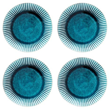 Kare Design Teller Azur Rim, Geschirr-Set, 4-teilig, Blau, 29cm Durchmesser, Handgearbeitet, Spülmaschinengeeignet, Mikrowellengeeignet, Essteller-Set, Steingut glasiert