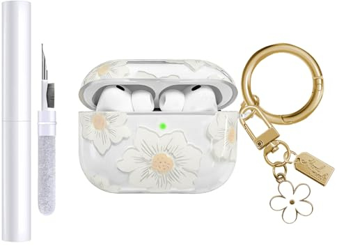 AIIEKZ Compatible with AirPods Pro 3 Case Cover 2025, Soft TPU Case with Cute Flower Pattern for AirPods Pro 3rd Generation Case with Flower Keychain and Cleaner Kit for Girls Women (White)
