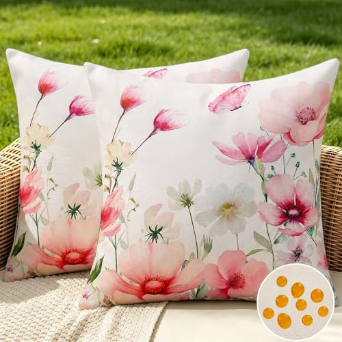 Kopfkissenbezug 40x40 Outdoor mit Rosa Blumen, 2 Stück Kissenbezug Wasserdicht, Sofakissen Dekokissen Bezüge für Wohnzimmer Deko Frühling Sommer, Kissenbezüge für Sofa Decoration in Terrasse Garten