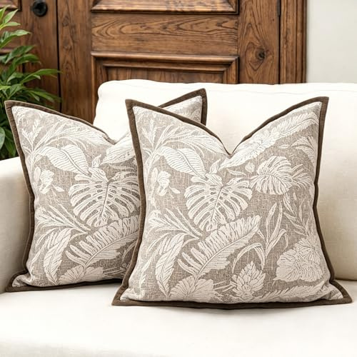 Joymaison 45x45 Pack of 2 Brown Palm Leaves Throw Pillow Cushion Covers | Summer Tropical Leaf Soft Jacquard Chenille Decorative Throw Pillow Case Home Decor for Couch Bedroom