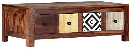 FWIKDUN Massivholz Couchtisch im Antik-Stil aus massiver Akazie - Antik Couchtisch mit Zwei Schubladen und robuster Tischplatte - Massiver Akazie Wohnzimmertisch als Kaffeetisch