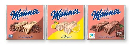 Manner Box Degustazione Wafer Originali Austriaci - Mix Tradizione Viennese (Cioccolato, Choco Brownie, Limone) - 12x75g