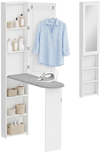 HOMCOM Mobile Asse da Stiro Pieghevole Salvaspazio con Specchio, Mobile da Stiro Multiuso con 6 Scomparti, 2 Ganci, per Lavanderia Bagno, 107x35x174 cm, Bianco