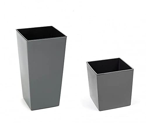 Kreher 2 Stück XXL Design Pflanztöpfe aus Kunststoff in Hochglanz Grau mit herausnehmbaren Einsatz. Maße BxTxH in cm: 40 x 40 x 75,3 cm (großer Planztopf), 40 x 40 x 41,5 cm (Flacher Pflanzübel)