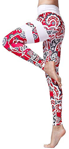 FLYILY Damen Yoga Leggins Frauen High Waist Prägedruck Slim Fit Fitnesshose Lange Sportleggins Stretchhose(4-Red,L)