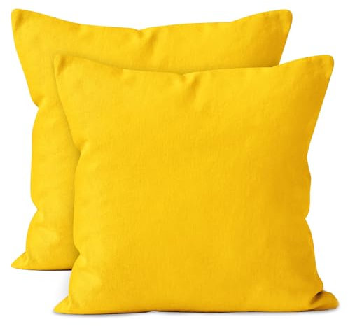 Encasa XO Baumwoll-Kissenbezüge, 2er-Set I 20x20 in (50x50 cm) - Sonnenstrahlgelb I kein Einsatz I einfach Kissenbezüge I Maschinenwaschbar | Nur Innen benutzen