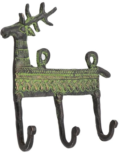 Filigran verzierter 3er Messing Wandhaken, Garderobe, Hirsch / antikgrün | Handgefertigter Schlüsselhalter, dekorativ, robust, Gewicht ca. 250 g