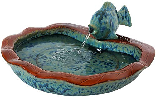 Sunnydaze Glazed Ceramic Fish 7-Inch Outdoor Garden Fountain - Outdoor Tabletop Fountain for Patio, Deck, Garden - Aqua and Brown