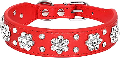 Rhinestone Dog Collar, Cute Flower Rhinestone Cat Dog Collar Bling Collar PU Leather Collar Adjustable Sizes Small Medium Large,Red:L