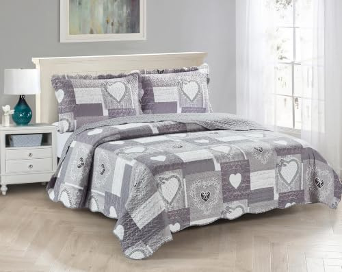 Brilliant Sunshine Bettwäsche-Set mit Kissenbezügen, wendbare Tagesdecke, weich, leicht, für alle Jahreszeiten, Patchwork-Design, Grau, Herzmotiv, 274,3 x 228,6 cm
