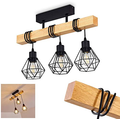 HOFSTEIN Deckenleuchte Barbengo, verstellbare Deckenlampe aus Metall/Holz in Schwarz/Natur, Leuchte im Retro/Vintage-Design mit Lichteffekt durch Gitter-Optik, 3 x E27, Schlafzimmer, Wohnzimmer, Küche