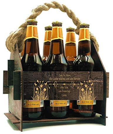 Generisch Beer Carrier Wooden Beer Crate Bottle Holder Carrier Carrier Basket Personalised Gifts Birthday Men Gifts Bottle Box Bottle Basket 6 Bottles 23 x 22.5 cm Engraving (Pattern 6)