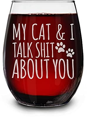 shop4ever® My Cat & I Talk About You Engraved Stemless Wine Glass Funny Cat Mom Gift