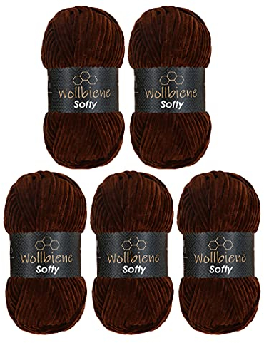 Wollbiene Softy 5 x 100 Gramm Chenillewolle Strickwolle, Babywolle, 500 Gramm Wolle Super Bulky (braun 84)