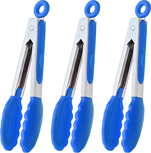 HINMAY Mini Kitchen Tongs with Silicone Tips 7-Inch Serving Tongs, Set of 3 (Blue)