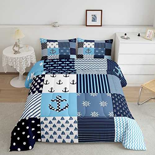 Loussiesd Nautische Bettdecke, Patchwork-Tagesdecke, Doppelgröße, Anker, Kompass, Segelschiff, für Kinder, Jungen, Kind, 2 Stück