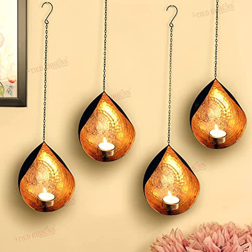 TIED RIBBONS 4 Set Wall Hanging Tea Light Candle Holders | Iron, Golden | 18 Inch | Votive Sconce Candle Holder for Home, Living Room, Wedding, Accents Decor, Indoor | Indian Decorations for House