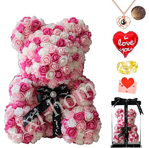 xixi-home Ours en Rose,Fleur Ours,25 CM Nounours en Rose Cadeau Rose Eternelle Saint Valentin Ours à Fleurs avec lumière LED Carte Cadeau, Coffret Cadeau,Anniversaire Fete des Meres
